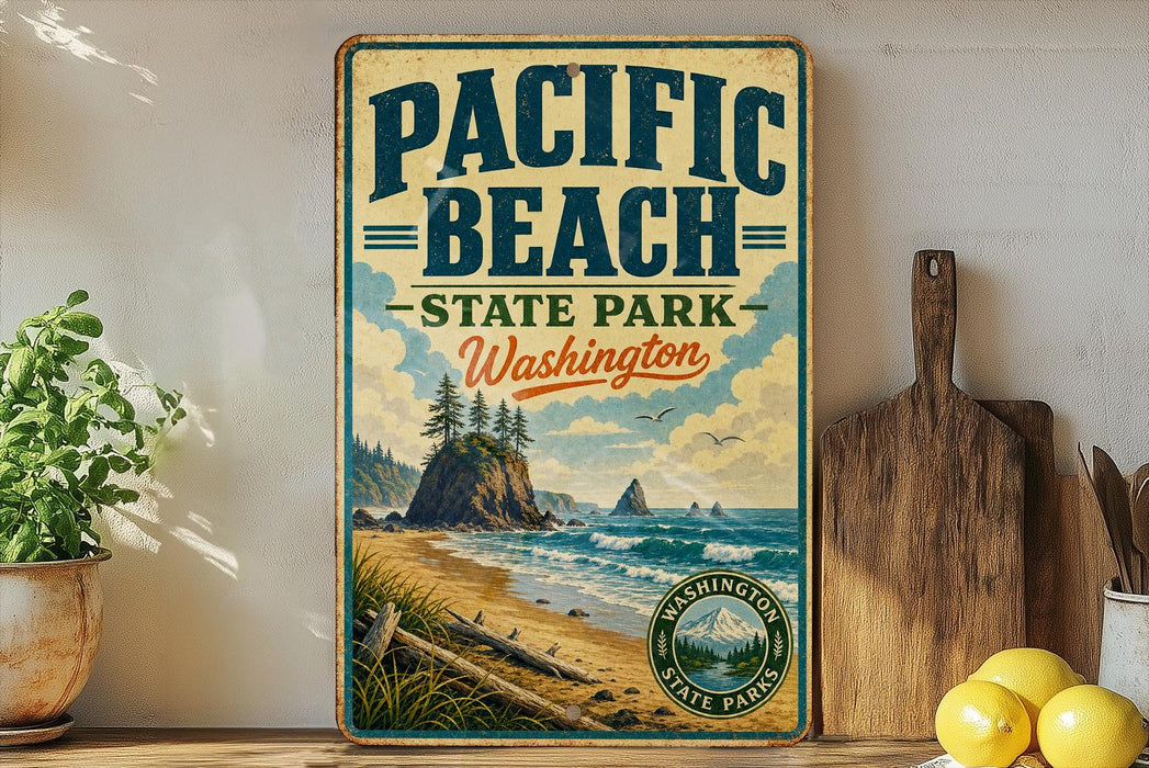 A vintage-style sign for Pacific Beach State Park in Washington, featuring a scenic beach landscape with mountains, trees, and a body of water.