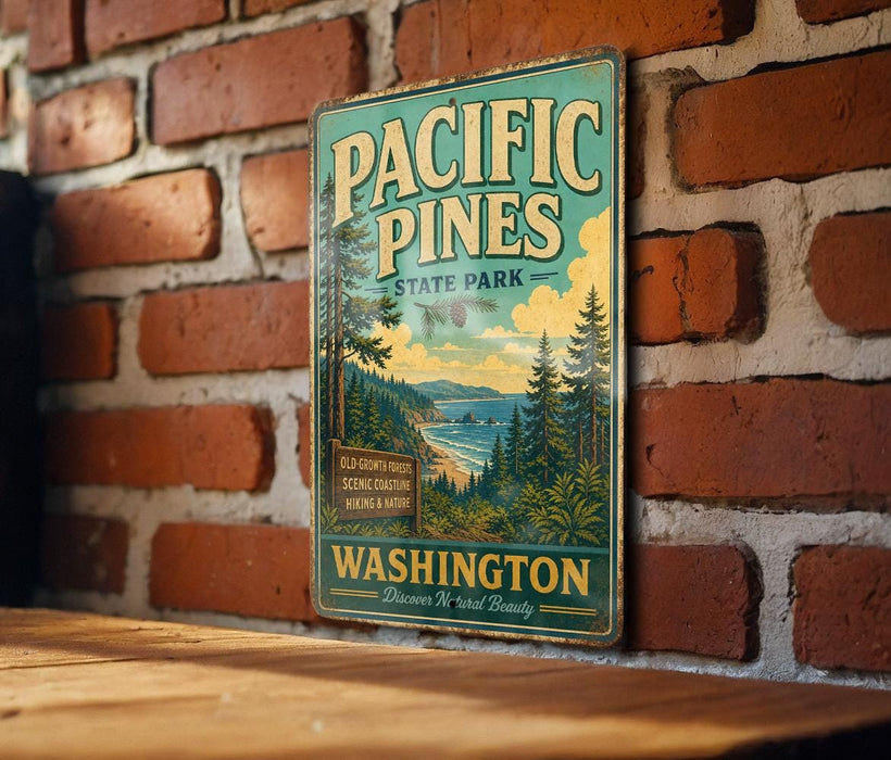 A vintage metal sign for Pacific Pines State Park in Washington, featuring a scenic illustration of the park's natural surroundings.