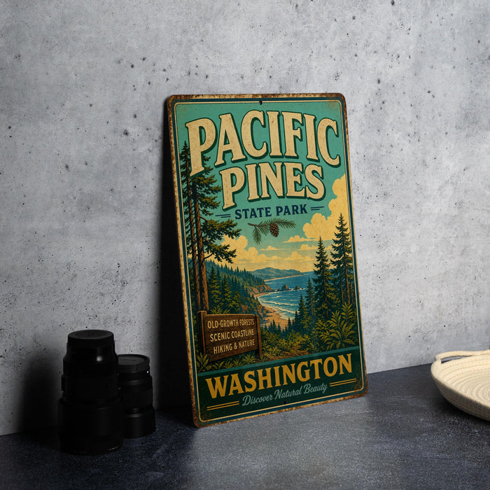 A vintage-style sign for Pacific Pines State Park, featuring a scenic illustration of the park's natural surroundings.