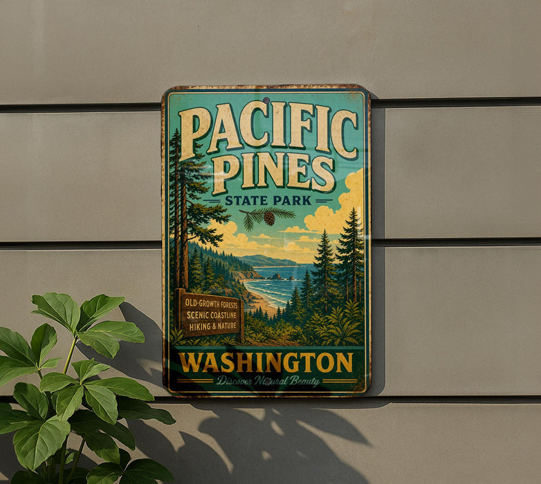 A vintage-style metal sign for Pacific Pines State Park in Washington, featuring a scenic landscape with pine trees, mountains, and a body of water.