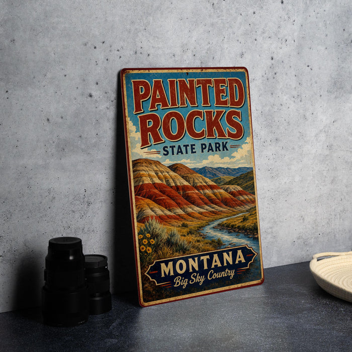 A vintage-style metal sign for Painted Rocks State Park in Montana, featuring a scenic landscape with mountains, a river, and a sky background.