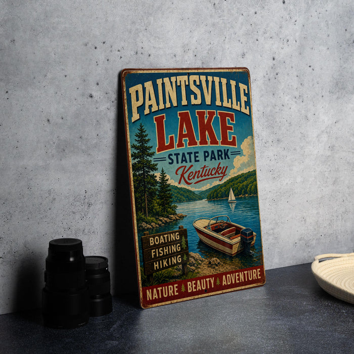 A vintage-style metal sign for Paintsville Lake State Park in Kentucky, featuring a scenic illustration of a lake, boats, and mountains.