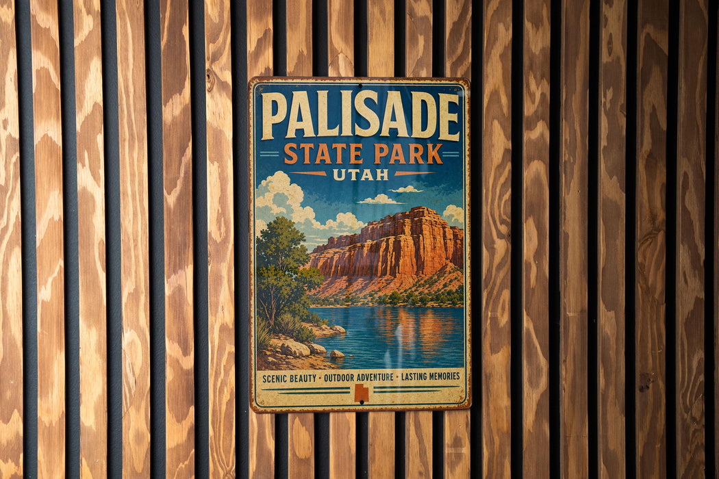 A vintage metal sign for Palisade State Park in Utah, featuring a scenic landscape with a mountain and a lake.