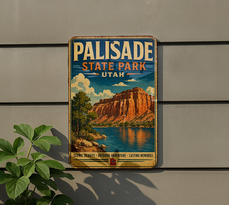 A vintage metal sign for Palisade State Park in Utah, featuring a scenic landscape with a mountain, lake, and trees.