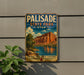 A vintage metal sign for Palisade State Park in Utah, featuring a scenic landscape with a mountain, lake, and trees.