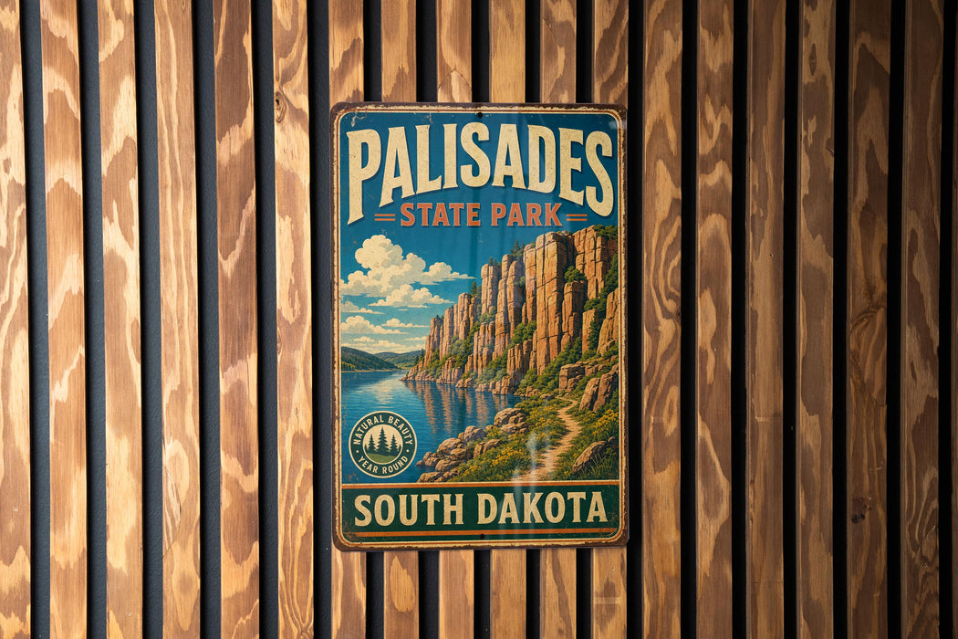 A vintage metal sign for Palisades State Park in South Dakota, featuring a scenic mountain landscape.