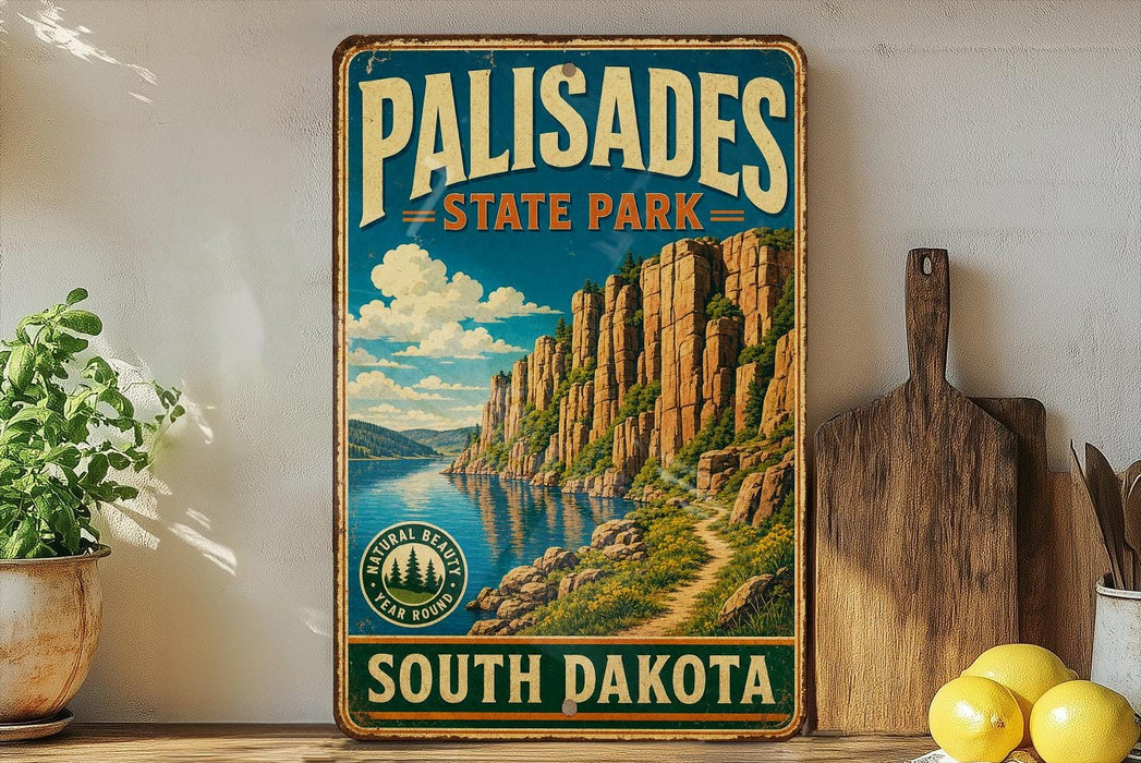 A vintage-style metal sign for Palisades State Park in South Dakota, featuring a scenic mountain landscape with a lake and trail.