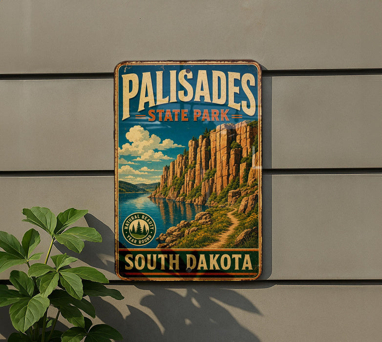 A vintage-style metal sign for Palisades State Park in South Dakota, featuring a scenic landscape with mountains and a river.