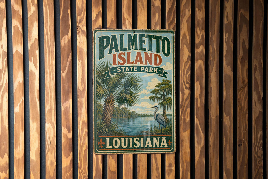 A vintage-style metal sign for Palmetto Island State Park in Louisiana, featuring a palm tree and a bird, mounted on a wooden wall.