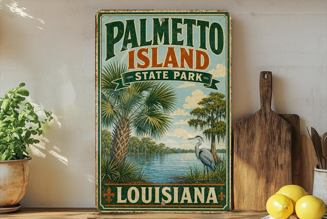 A vintage-style sign for Palmetto Island, Louisiana, featuring palm trees, a bird, and a body of water.