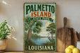 A vintage-style sign for Palmetto Island, Louisiana, featuring palm trees, a bird, and a body of water.