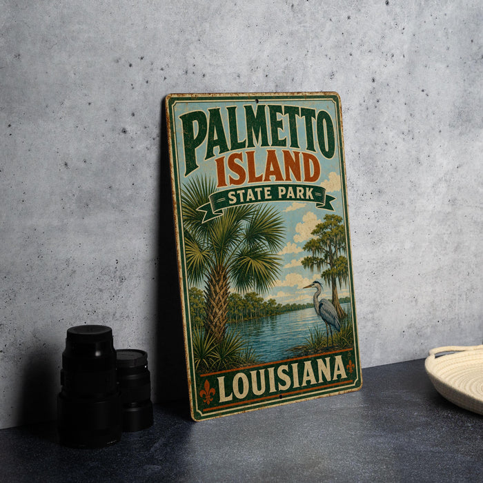 A vintage-style metal sign for Palmetto Island State Park in Louisiana, featuring a palm tree and a bird, is displayed on a gray countertop next to a stack of black camera lenses.