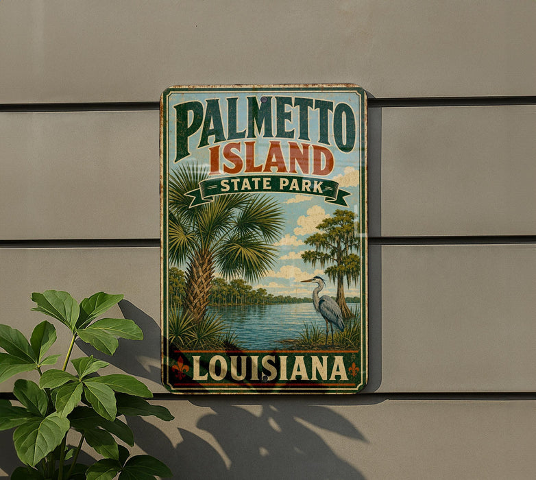 A vintage-style metal sign for Palmetto Island State Park in Louisiana, featuring a palm tree and a bird, mounted on a wall.
