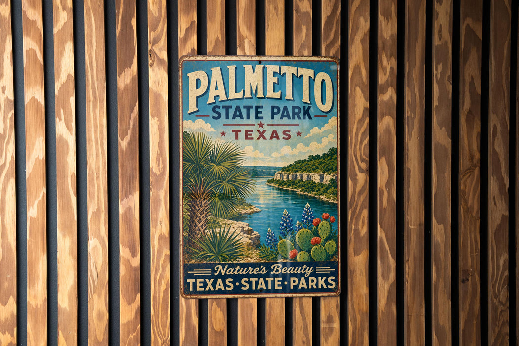 A vintage metal sign for Palmetto State Park in Texas, featuring a scenic landscape with palm trees, a river, and a beach.