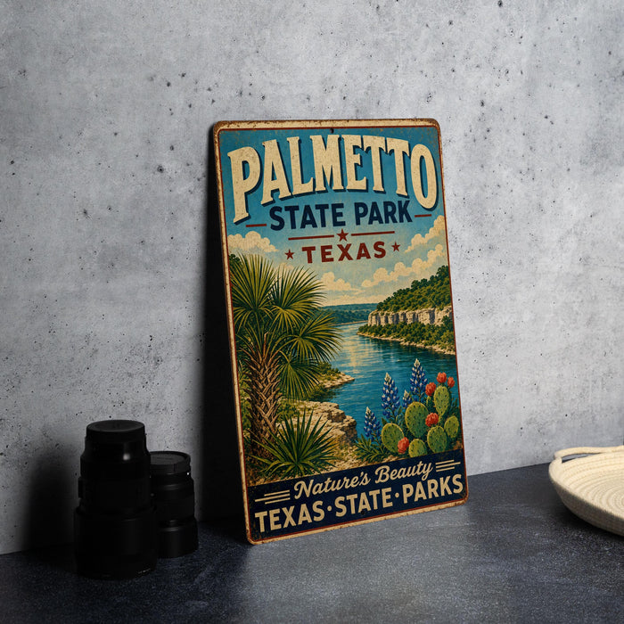 A vintage-style metal sign for Palmetto State Park in Texas, featuring a scenic landscape with palm trees, cacti, and a body of water.