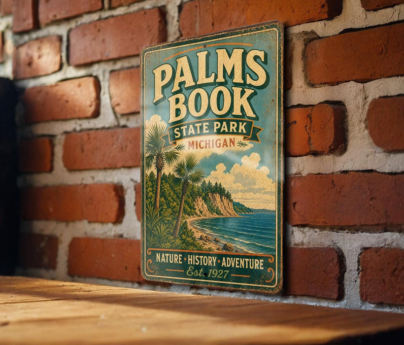A vintage-style metal sign for Palm Book State Park in Michigan, featuring a palm tree and beach landscape.