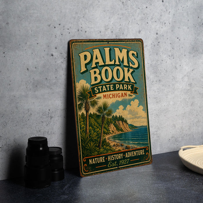 A vintage-style metal sign for Palm Book State Park in Michigan, featuring a tropical beach scene with palm trees and a body of water.