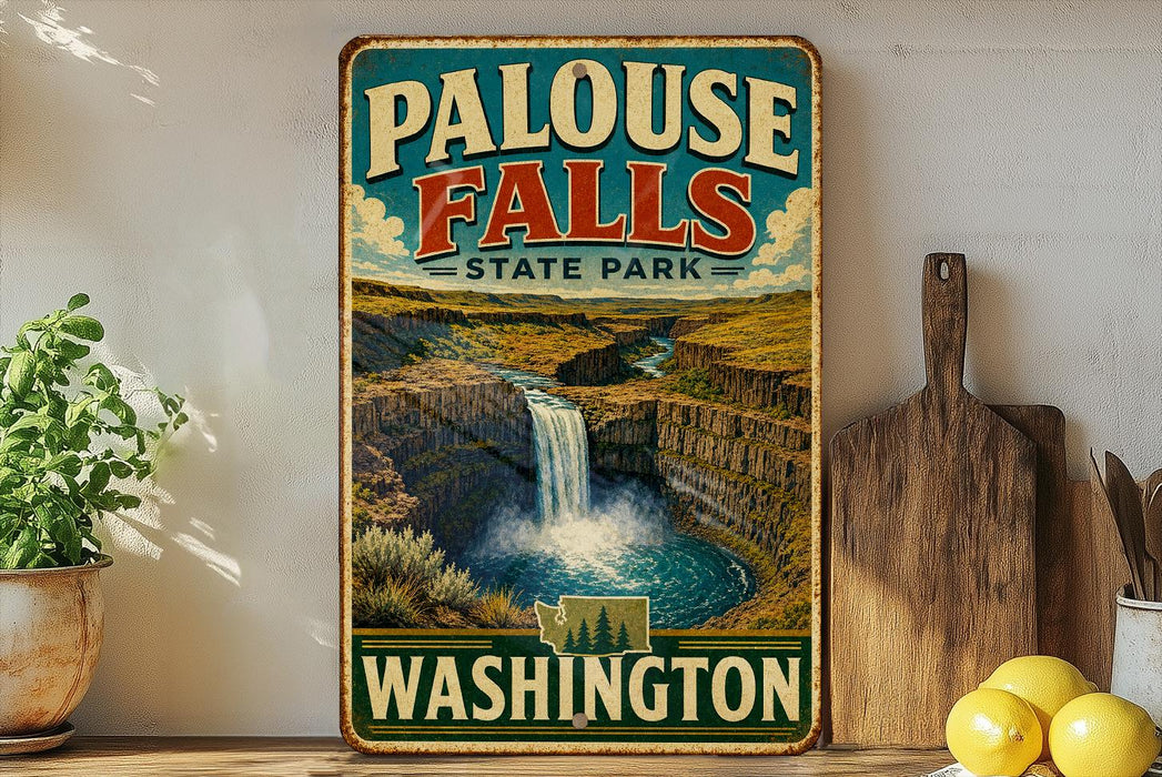 A vintage-style sign for Palouse Falls State Park in Washington, featuring a waterfall and a scenic landscape.