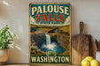 A vintage-style sign for Palouse Falls State Park in Washington, featuring a waterfall and a scenic landscape.