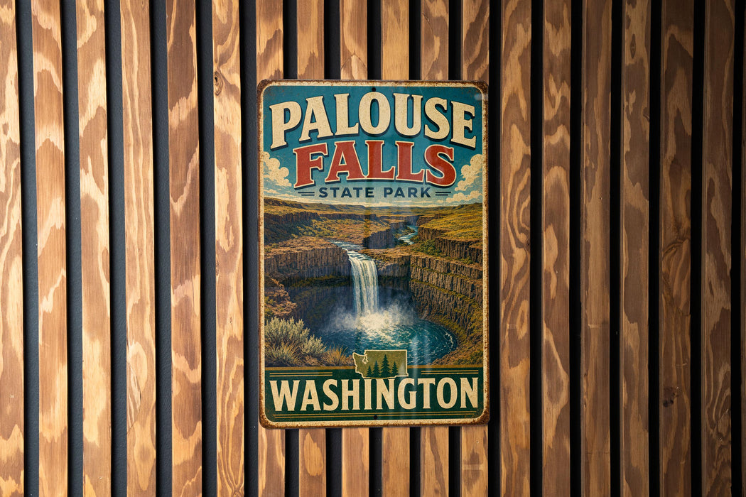 A vintage metal sign for Palouse Falls State Park in Washington, featuring a waterfall and a scenic landscape.