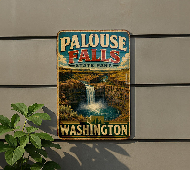 A vintage-style metal sign for Palouse Falls State Park in Washington, featuring a waterfall and a scenic landscape.