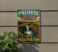A vintage-style metal sign for Palouse Falls State Park in Washington, featuring a waterfall and a scenic landscape.