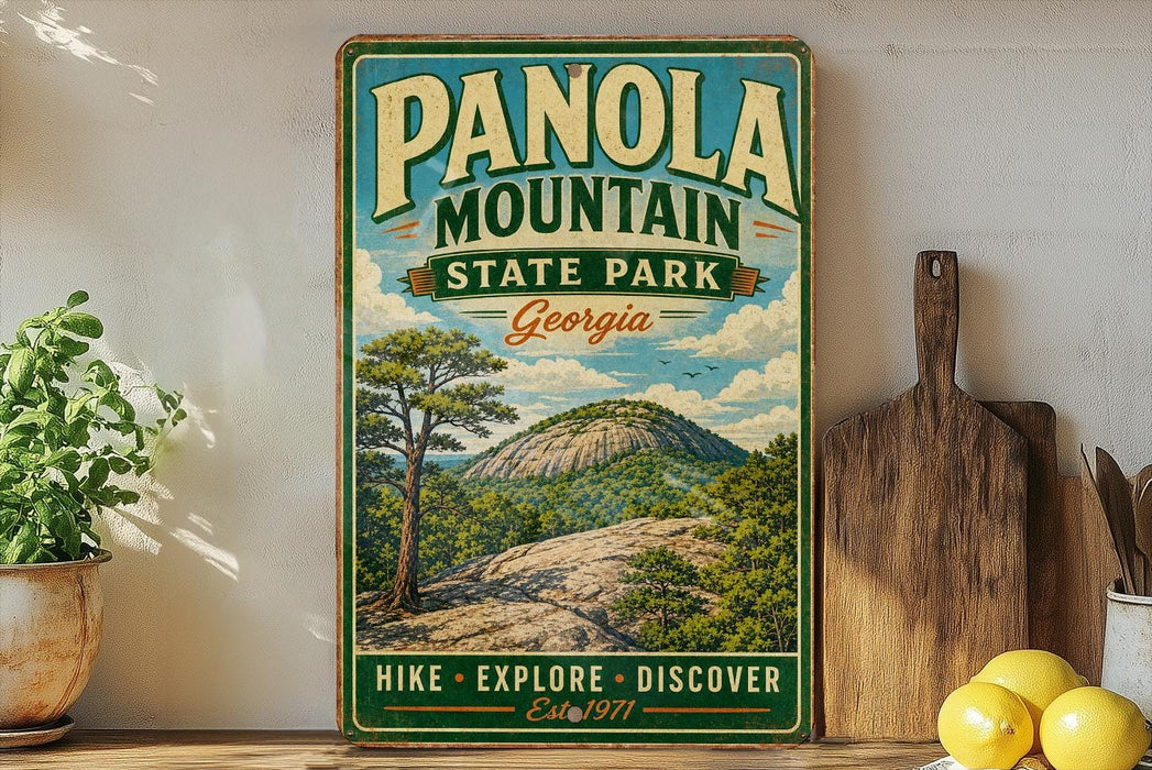 A vintage-style sign for Panola Mountain State Park in Georgia, featuring a scenic mountain landscape with a pine tree and a wooden cutting board.