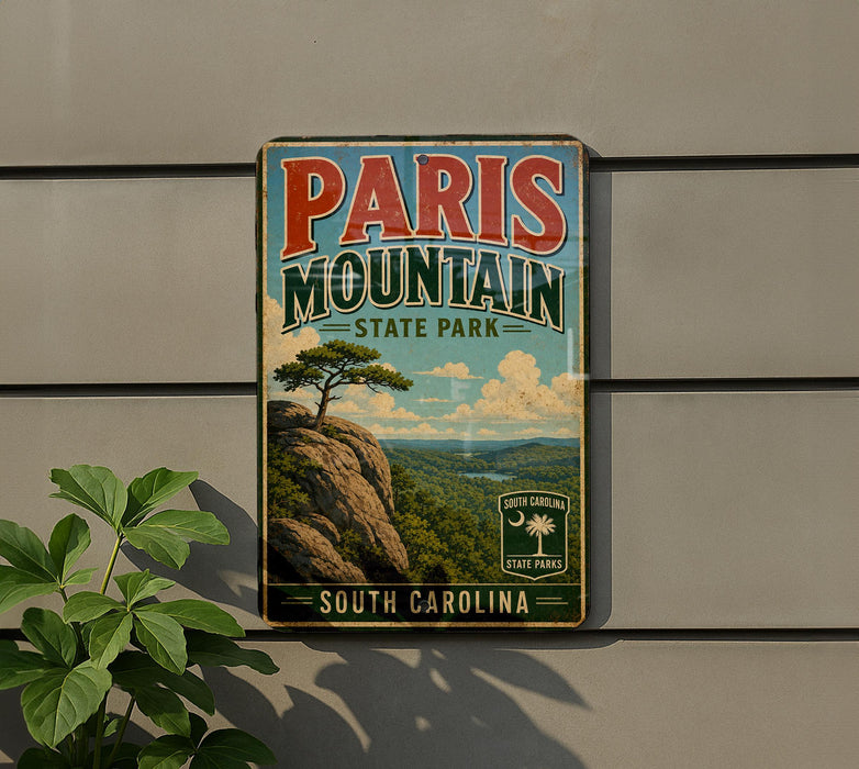 A vintage-style metal sign for Paris Mountain State Park in South Carolina, featuring a scenic landscape with a mountain, trees, and a lake.