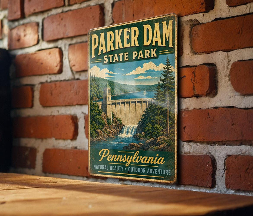 A vintage-style metal sign for Parker Dam State Park in Pennsylvania, featuring a scenic illustration of the dam and surrounding landscape.