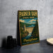 A vintage-style sign for Pennsylvania State Park, featuring a scenic illustration of a dam and waterfall surrounded by trees and mountains.