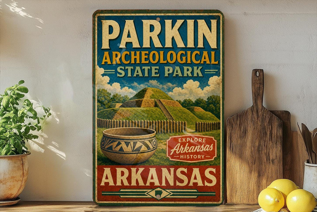A vintage-style sign for Parkin Archaeological State Park in Arkansas, featuring a pottery bowl and a wooden paddle, is displayed on a shelf next to a potted plant and some lemons.