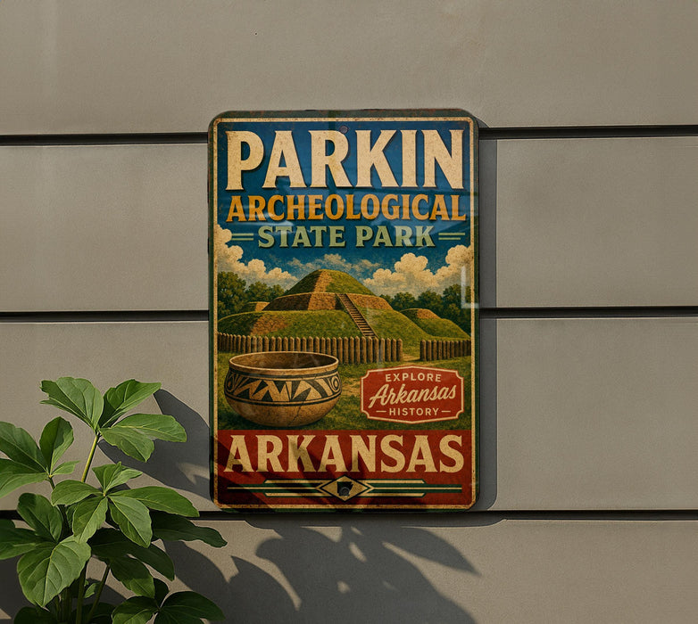 A vintage-style sign for Parkin Archeological State Park in Arkansas, featuring a landscape with a hill, a pot, and a sign that says "Explore Arkansas".