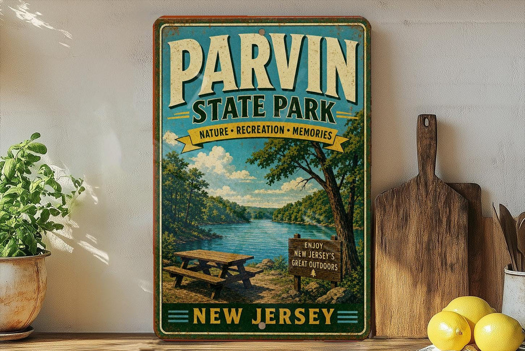 A vintage-style sign for Parvin State Park, featuring a scenic image of a lake and forest, is displayed on a shelf next to a wooden cutting board and some lemons.