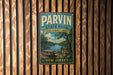 A vintage-style metal sign for Parvin State Park in New Jersey, featuring a scenic image of a lake and park benches.
