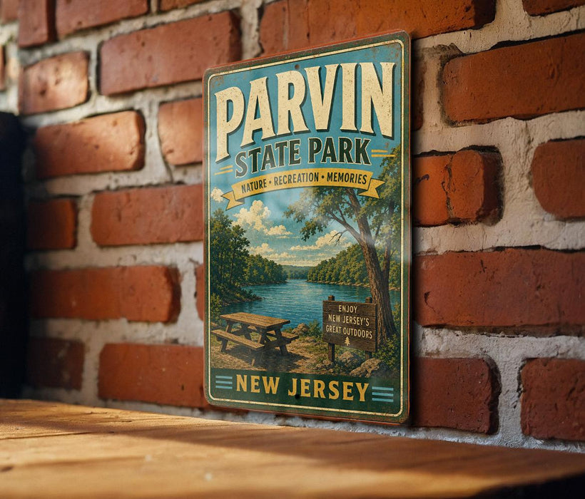 A vintage-style metal sign for Parvin State Park in New Jersey, featuring a scenic image of the park and a picnic area.