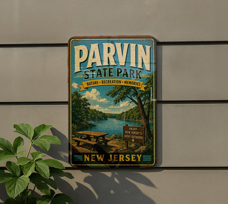 A vintage metal sign for Parvin State Park, featuring a scenic image of a lake and picnic area, mounted on a wall.
