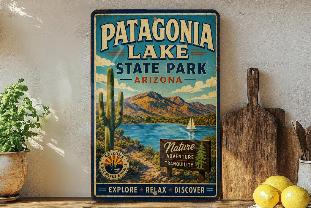 A vintage-style metal sign for Patagonia Lake State Park in Arizona, featuring a scenic landscape with mountains, a lake, and a cactus.