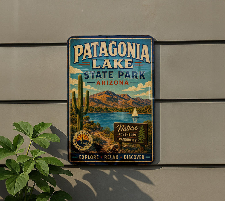 A vintage-style metal sign for Patagonia Lake State Park in Arizona, featuring a desert landscape with a cactus, mountains, and a lake.