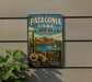 A vintage-style metal sign for Patagonia Lake State Park in Arizona, featuring a desert landscape with a cactus, mountains, and a lake.