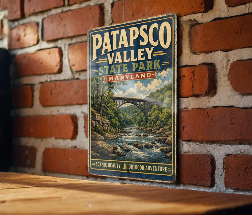 A vintage-style metal sign for Patapsco Valley State Park in Maryland, featuring a scenic landscape with a bridge and flowing water.