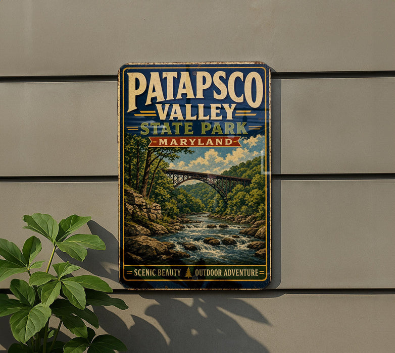 A vintage metal sign for Patapsco Valley State Park in Maryland, featuring a scenic landscape with a bridge and flowing water.