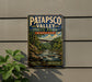 A vintage metal sign for Patapsco Valley State Park in Maryland, featuring a scenic landscape with a bridge and flowing water.