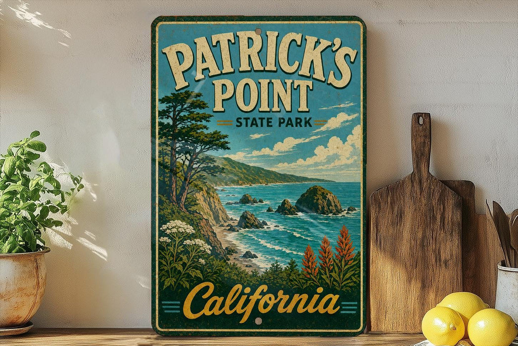 A vintage-style sign for Patrick's Point State Park in California, featuring a scenic coastal landscape with mountains, trees, and the ocean.