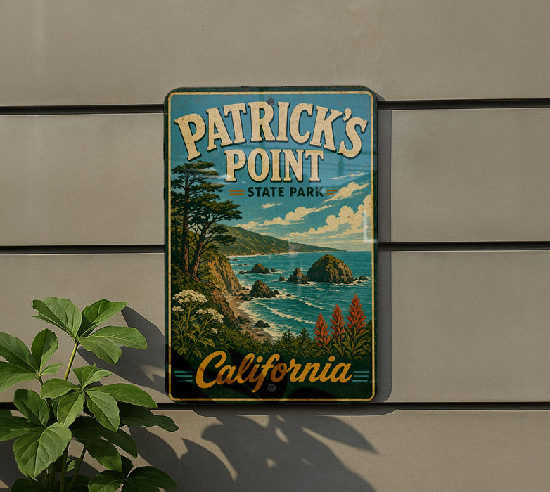 A vintage-style sign for Patrick's Point State Park in California, featuring a scenic landscape with mountains, trees, and a body of water.