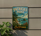 A vintage-style sign for Patrick's Point State Park in California, featuring a scenic landscape with mountains, trees, and a body of water.