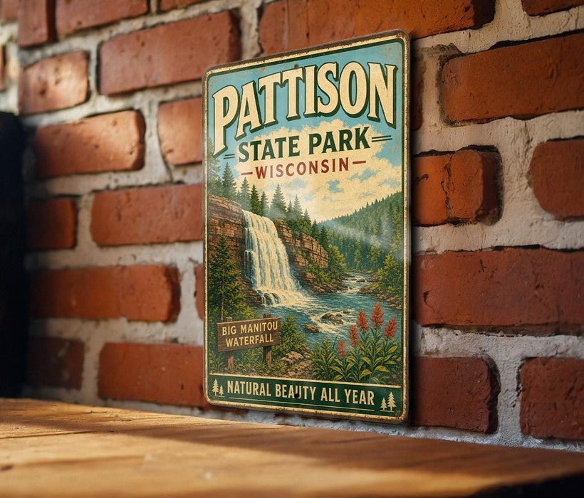 A vintage-style metal sign for Pattison State Park in Wisconsin, featuring a waterfall and forest scenery.