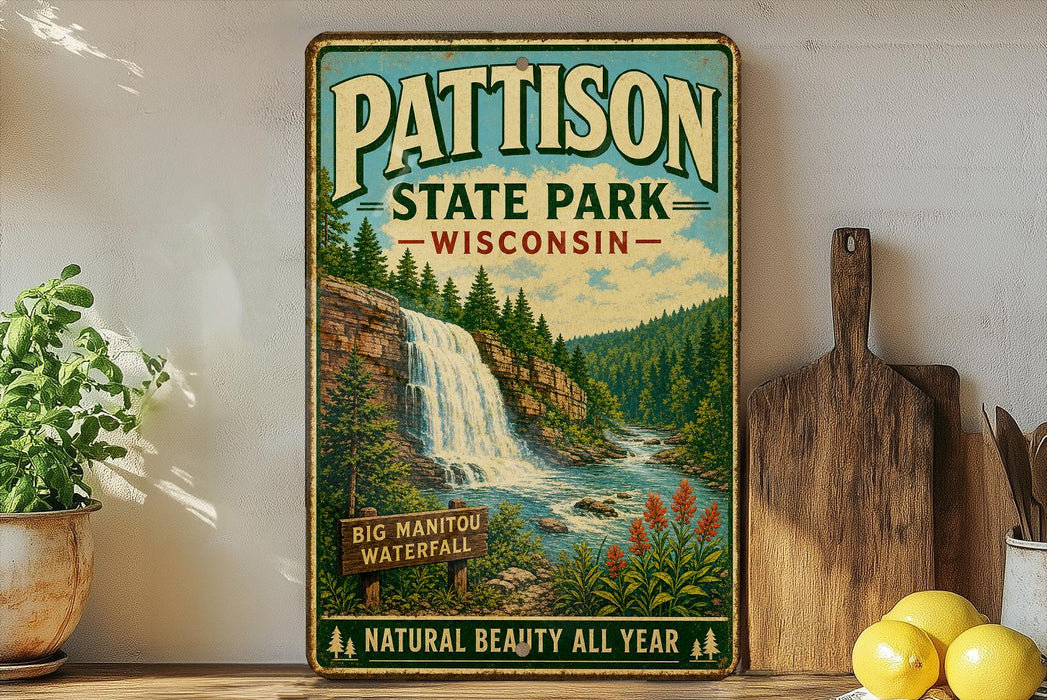 A vintage-style sign for "Pattison State Park" in Wisconsin, featuring a waterfall and forest scenery.