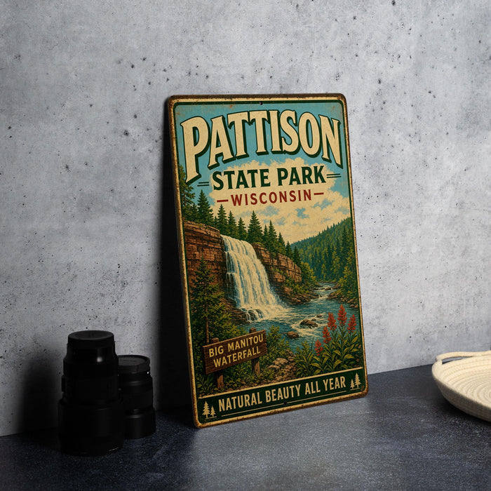 A vintage metal sign for Pattison State Park in Wisconsin, featuring a waterfall and forest scenery.