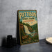 A vintage metal sign for Pattison State Park in Wisconsin, featuring a waterfall and forest scenery.