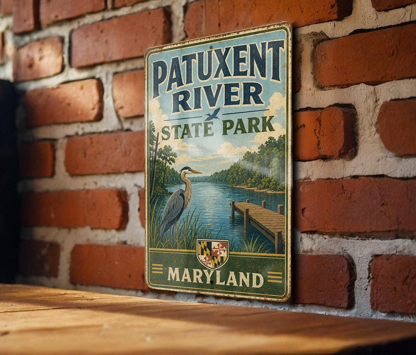 A vintage metal sign for Patuxent River State Park in Maryland, featuring a scenic illustration of the river and surrounding landscape.